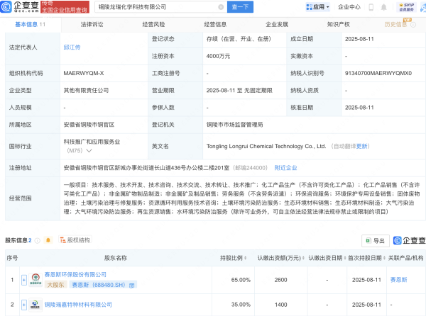 欧维策略 赛恩斯等成立化学科技新公司
