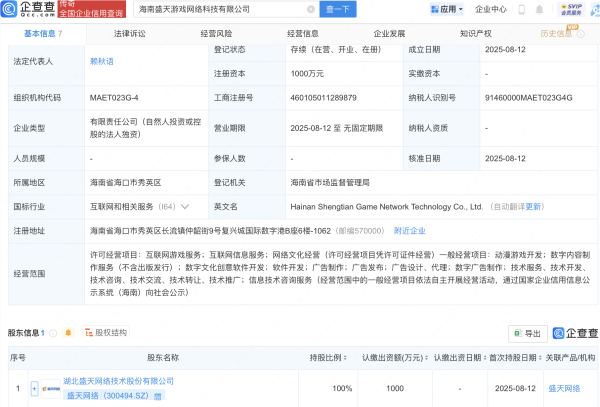 财惠赚 盛天网络新设子公司，含互联网游戏业务